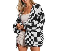 SELINK Damen-Strickjacke, Vintage-Stil, vorne offen, gemischtes Karomuster, Grobstrick, kariert, langärmelig, tägliche Outwear, Schwarz, X-Groß