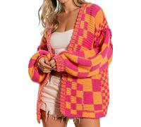 SELINK Damen-Strickjacke, Vintage-Stil, vorne offen, gemischtes Karomuster, Grobstrick, kariert, langärmelig, tägliche Outwear, Mehrfarbig, Groß