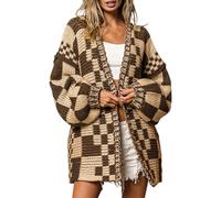 SELINK Damen-Strickjacke, Vintage-Stil, vorne offen, gemischtes Karomuster, Grobstrick, kariert, langärmelig, tägliche Outwear