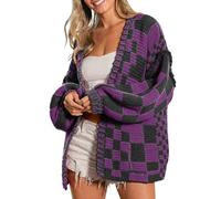 SELINK Damen-Strickjacke, Vintage-Stil, vorne offen, gemischtes Karomuster, Grobstrick, kariert, langärmelig, tägliche Outwear
