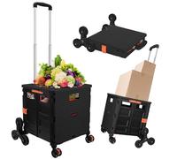 SELORSS Faltbarer Mehrzweckwagen, zusammenklappbarer Rollwagen mit Treppensteigrädern, Rollkorb für Lehrer, mit Deckel, verschleißfest, um 360° drehbares Rad, geräuschlos, für Umzug im Büro, Schwarz