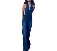 SEMATOMALA Damen Ärmellos Y2K Jeans Jumpsuit Ausgestelltes Bein Hosen Strampler Neckholder Tank Top Denim Catsuit Maxi Overall, V-Ausschnitt mit blauem Kragen, X-Large
