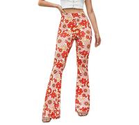 semen Boho Hippie Schlaghose Damen Blumen Weite Bein Yogahose hohe Taille Bootcut Freizeithose Frauen Palazzo Hose Strandhose Rot 38