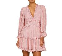 Semen Damen Chiffonkleid Boho Tunika Kleid Tief V-Ausschnitt A Linie Swingkleid mit Rüschen Blumendruck Freizeitkleid Minikleid Puffärmel Strandkleid Hohe Taille