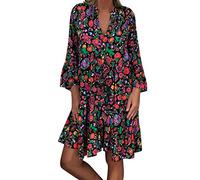 semen Damen Chiffonkleid Boho Tunika Kleid Tief V-Ausschnitt A Linie Swingkleid mit Rüschen Blumendruck Casual Freizeitkleid Minikleid Puffärmel Strandkleid Hohe Taille