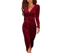 semen Damen V Ausschnitt Samt Kleid Glitz Cocktailkleid Knoten Ausschnitt Abendkleid Elegant Langarm Winter Kleid mit Hohem Schlitz
