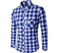 semen Herren Kariert Hemd Langarm Karo-Hemd Bügelleicht Freizeithemd Slim Fit Kentkragen Businesshemd aus Baumwolle (Blau, L)