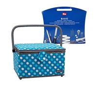 Semplix Nähkorb Größe L gefüllt (30x22x19cm) - kompatibel mit Prym NähzubehörSet/Nähsortiment (im Lieferumfang enthalten) - Polka Dots petrol-türkis