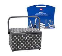 Semplix Nähkorb Größe L gefüllt (30x22x19cm) - kompatibel mit Prym NähzubehörSet/Nähsortiment (im Lieferumfang enthalten) - Polka Dots anthrazit/grau