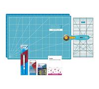 SEMPLIX Patchwork Starter Set mit Schneideunterlage (A3), Rollschneider Maxi, Lineal + Nähnadeln, Stecknadeln & Trickmarker (türkis/Petrol)