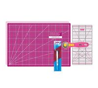SEMPLIX Schneidematten Set - Schneideunterlage 45 x 30 cm (A3), Rollschneider Maxi, Patchwork Lineal + PRYM Aqua-Trickmarker (Pink/Beere)