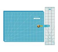 SEMPLIX Schneidematten Set - Schneideunterlage 60 x 45 cm (A2), Rollschneider Maxi 45 mm, Patchwork Lineal 60x15 cm (türkis/Petrol)