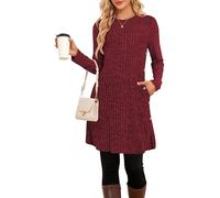 SENBATU Strickkleid Damen Lässiger Rundhalsausschnitt Kleid Damen Gestricktes Midikleid mit Taschen Einfarbig Rosenrot Klein