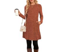 SENBATU Strickkleid Damen Lässiger Rundhalsausschnitt Kleid Damen Gestricktes Midikleid mit Taschen Karamell X-Large