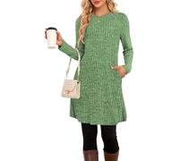 SENBATU Strickkleid Damen Lässiger Rundhalsausschnitt Kleid Damen Gestricktes Midikleid mit Taschen Grün X-Large