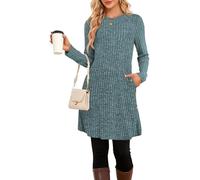 SENBATU Strickkleid Damen Lässiger Rundhalsausschnitt Kleid Damen Gestricktes Midikleid mit Taschen Denim Blau X-Large