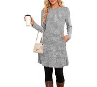 SENBATU Strickkleid Damen Lässiger Rundhalsausschnitt Kleid Damen Gestricktes Midikleid mit Taschen Hellgrau X-Large