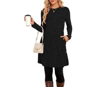 SENBATU Strickkleid Damen Lässiger Rundhalsausschnitt Kleid Damen Gestricktes Midikleid mit Taschen Schwarz Klein