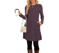 SENBATU Strickkleid Damen Lässiger Rundhalsausschnitt Kleid Damen Gestricktes Midikleid mit Taschen Lila X-Large