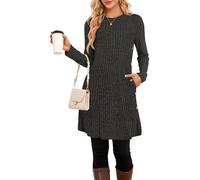 SENBATU Strickkleid Damen Lässiger Rundhalsausschnitt Kleid Damen Gestricktes Midikleid mit Taschen Dunkelgrau Klein