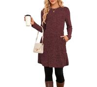 SENBATU Strickkleid Damen Lässiger Rundhalsausschnitt Kleid Damen Gestricktes Midikleid mit Taschen Rot X-Large