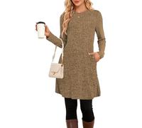 SENBATU Strickkleid Damen Lässiger Rundhalsausschnitt Kleid Damen Gestricktes Midikleid mit Taschen Kaffee X-Large
