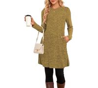 SENBATU Strickkleid Damen Lässiger Rundhalsausschnitt Kleid Damen Gestricktes Midikleid mit Taschen Einfarbig Gelb X-Large