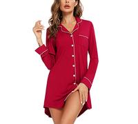 Senert Nachthemden für Damen, kurz/langärmelig, Schlafshirt, Knopfleiste, Umstandspyjama, Stillkleid, Nachtwäsche, Long Sleeve Weinrot, X-Large