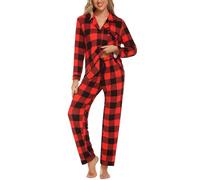 Senert Pyjama-Set für Damen, langärmelig, Nachtwäsche, weiches Hemd mit Knopfleiste und langer Hose, Pyjama, Lounge-Sets, Größe S - XXL, Rot-Schwarz kariert, XL