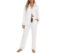 Senert Pyjama-Set für Damen, langärmelig, Nachtwäsche, weiches Hemd mit Knopfleiste und Langer Hose, Pyjama, Lounge-Sets, Größe S - XXL, Weiss/opulenter Garten, L
