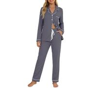 Senert Samring Damen Button Down Pyjama Set V-Ausschnitt Langarm Nachtwäsche Weiche Pj Sets S-XXL, Grau, L
