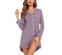 Senert Samring Nachthemd für Frauen Schlafhemd Kurze Langarm Nachtwäsche Freund Nachthemd Button Down Pyjamakleid S-XXL, Langärmelig, Violett, Large