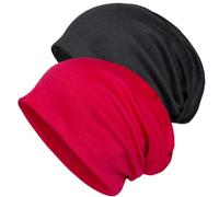 Senker Baggy Soft Cotton Slouchy Stretch Beanie Mütze, Chemo Mützen für Damen und Herren, Schwarz/Rot, 2 Stück, schwarz/red, Einheitsgröße