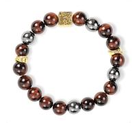 SENLLY Ember Square - Handmade Red Tiger’s Eye & Natural Hematite Bracelet with Gold Square Accent, Natural Stone Beaded Stretch Jewelry