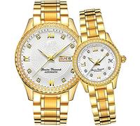 SENRUD 2 x Automatikuhren für Paare, mit Kalender, Datum, luxuriös, Edelstahl, für Männer und Frauen, Paar, für Sie und Ihn, Automatikuhr, Geschenke, Gold 2, Automatikuhr