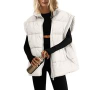 Senserise Damen Übergroße Pufferweste Steppweste Bubble-Weste Plüschjacke Steppjacke mit Reißverschluss Gepolsterte Weste mit Taschen, cremefarben, L