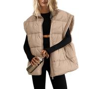 SENSERISE Übergroße Pufferweste für Damen, Steppjacke, Puffy Coats, Reißverschluss, Oberbekleidung mit Taschen, gepolsterte Weste, Hellkhaki, L