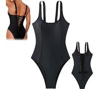 Sentechx Modellierende Korsett-Badeanzüge, schmaler Badeanzug mit Kordelzug im Rücken, sexy, einteiliger Badeanzug mit tiefem U-Ausschnitt für Damen (Schwarz - M)