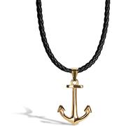 SERASAR Ankerkette Lederkette Herren Leder Halskette mit Anker Anhänger - 60cm Gold Lederband Kette Schmuck Schachtel für Männer Echtleder Leather Necklace Men Jewelry Band
