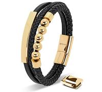 SERASAR Herren Armband 17cm Gold Armreif Lederband Perlen Agat Armschmuck
