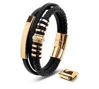 SERASAR Herren Armband 17cm Gold Leder Edelstahl Wickelarmband Bracelet
