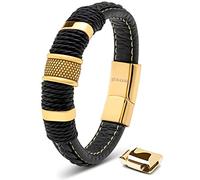 SERASAR Herren Armband 17cm Gold Leder Edelstahl Wickelarmband Bracelet