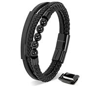 SERASAR Herren Armband 20cm Schwarz Leder Lavastein Perlen Onyx Geburtstag