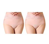 Serecofo 2er-Pack Damen Spitzenhöschen mit hoher Taille Slips Höschen aus Baumwolle Damenunterwäsche Größe 34-50 Elastische Hipster Shorts (38-42, 2 Leichtes Apricot)