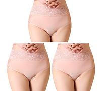 Serecofo 3er Pack Damen Spitzenhöschen Hohe Taille Spitzenslips Höschen Hipster Shorts Größe 34 bis 50 Dessous Unterwäsche (44-46, 3 leichte Aprikose)