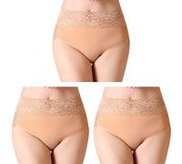 Serecofo 3er Pack Damen Spitzenhöschen Hohe Taille Spitzenslips Höschen Hipster Shorts Größe 34 bis 50 Dessous Unterwäsche (44-46, 3 Aprikose)