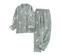 SERUMY Damen-Pyjama-Set, Cartoon-Katze, bedruckt, 2-teilig, Umlegekragen, Hemd und Hose, bequem, Natur, Nachtwäsche, Pyjama, B, L (58-65 kg)