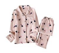 SERUMY Damen Schlafanzug Herbst und Winter Langarm Hose Baumwolle Warm Damen Pyjama Home Service Nachtwäsche - Rosa süßes Herz, M
