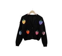 SERUMY Strickjacke Lose Süße Erdbeer-Gestickte Strick-Strickjacke Frauen Pullover Herbst Neues Langärmeliges Temperament Kurztop-Black,One Size