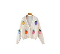 SERUMY Strickjacke Lose Süße Erdbeer-Gestickte Strick-Strickjacke Frauen Pullover Herbst Neues Langärmeliges Temperament Kurztop-Beige,One Size